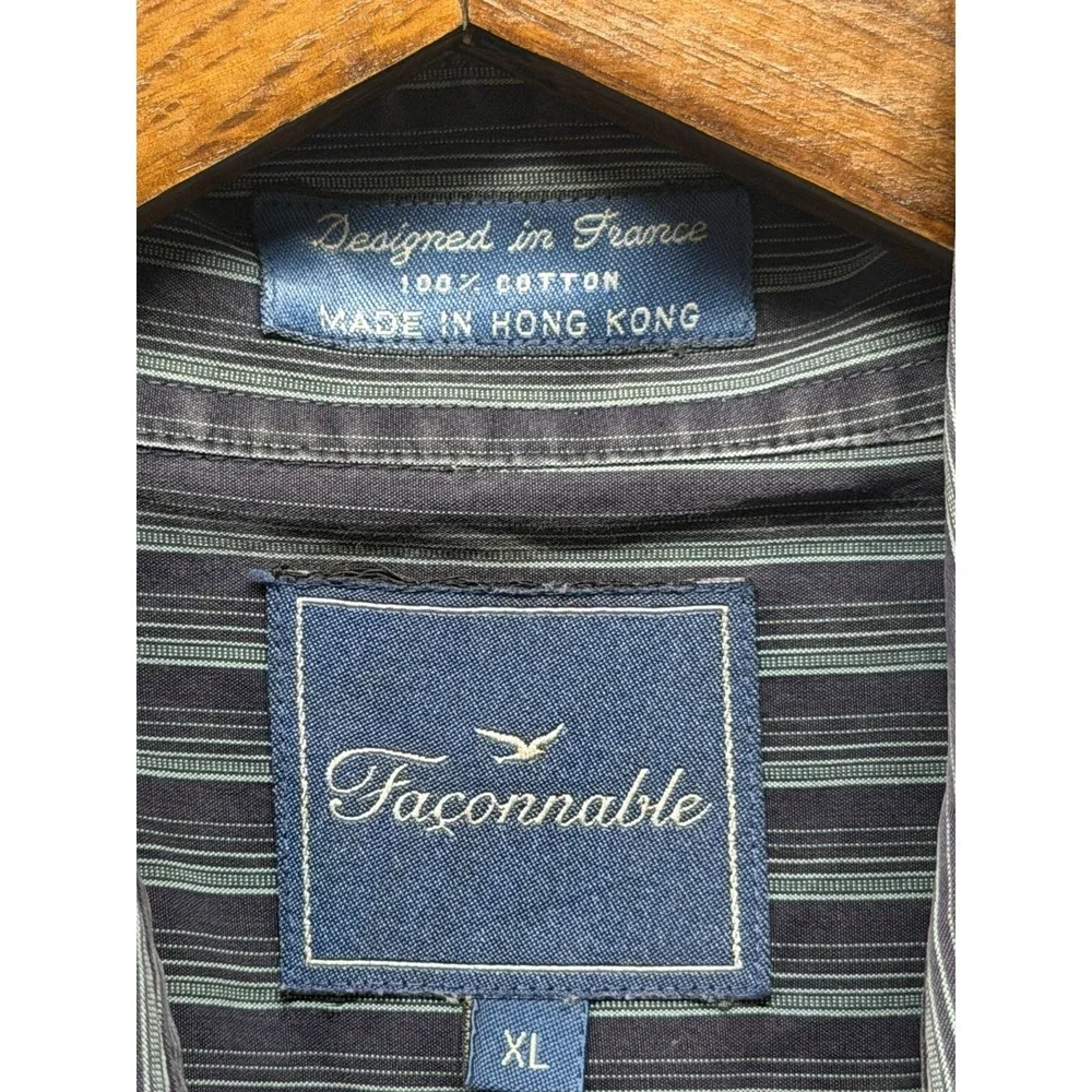 Façonnable Shirt Mens XL Navy Blue Striped Cotton Long Sleeve Collared Button Up